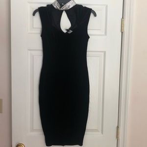 Velvet Black Midi Dress w/ Built in Silver Choker